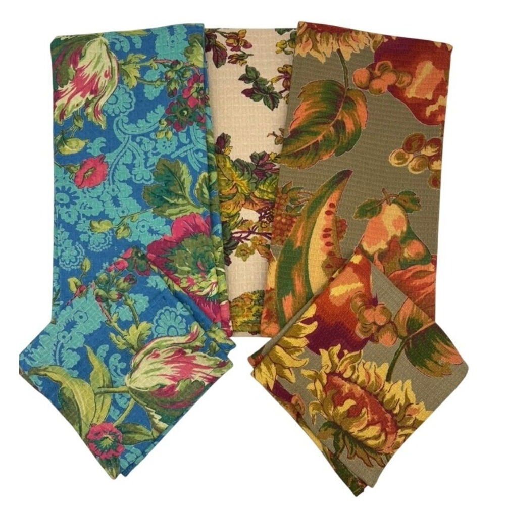 April Cornell Tea Towels Set of 3 + 2 Washcloths Cotton Floral